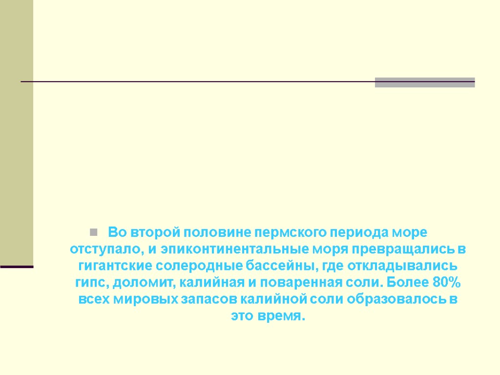 Во второй половине пермского периода море отступало, и эпиконтинентальные моря превращались в гигантские солеродные